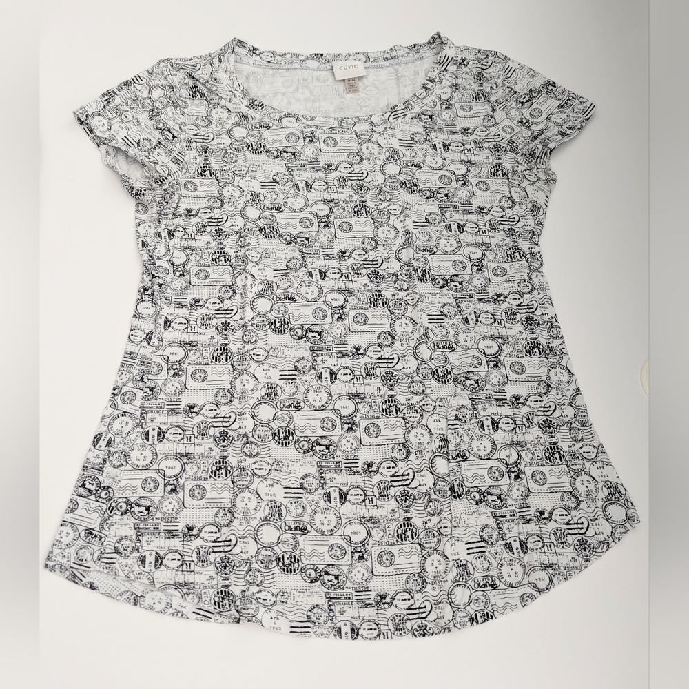 Cupio Women's (Medium) Black & White Postage Graphic Short Sleeve T-Shirt